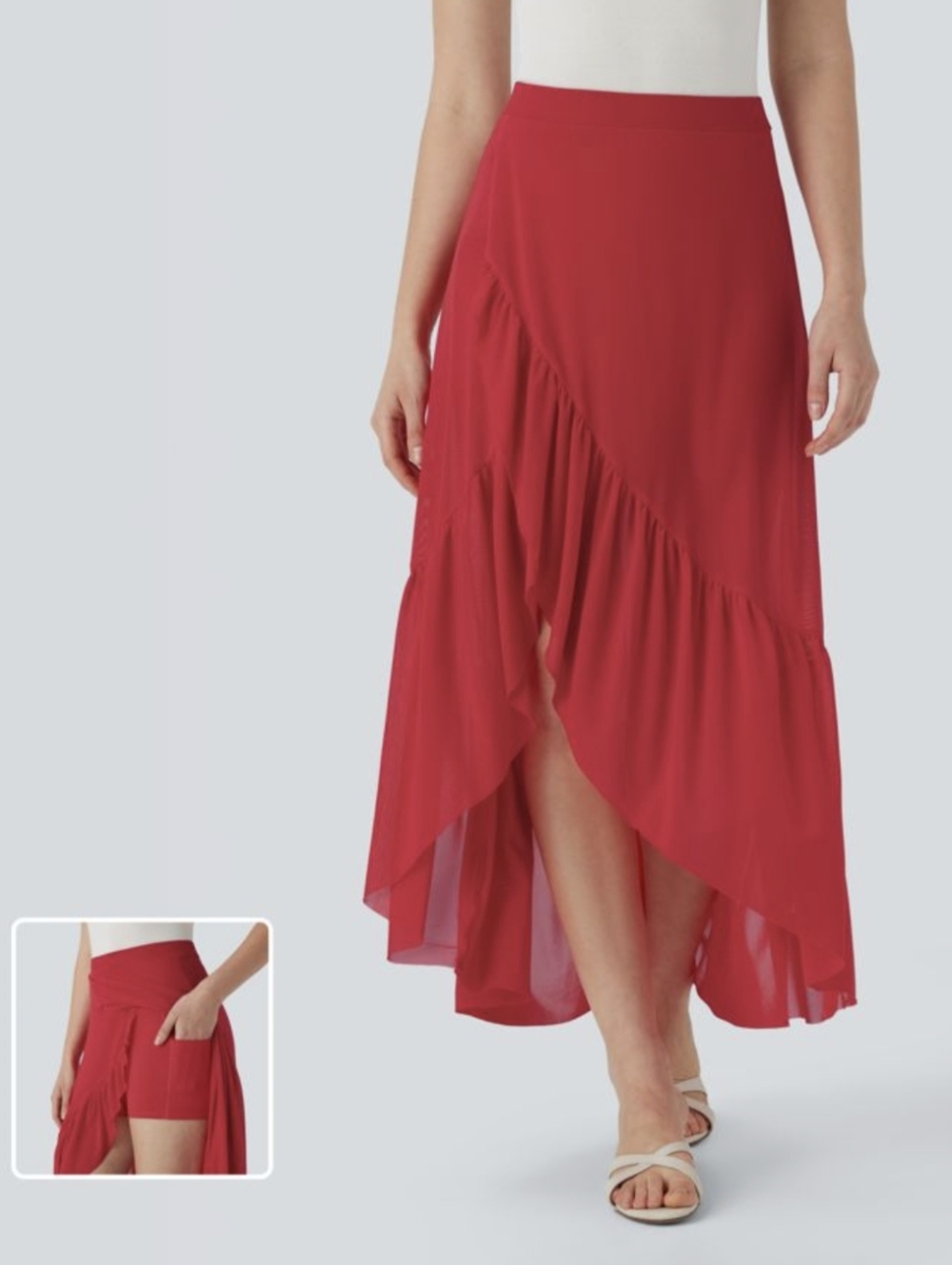 Halara Red High Low Ruffle Hem High Waisted 2 In 1 Pocket Flowy Midi Skirt Lg.